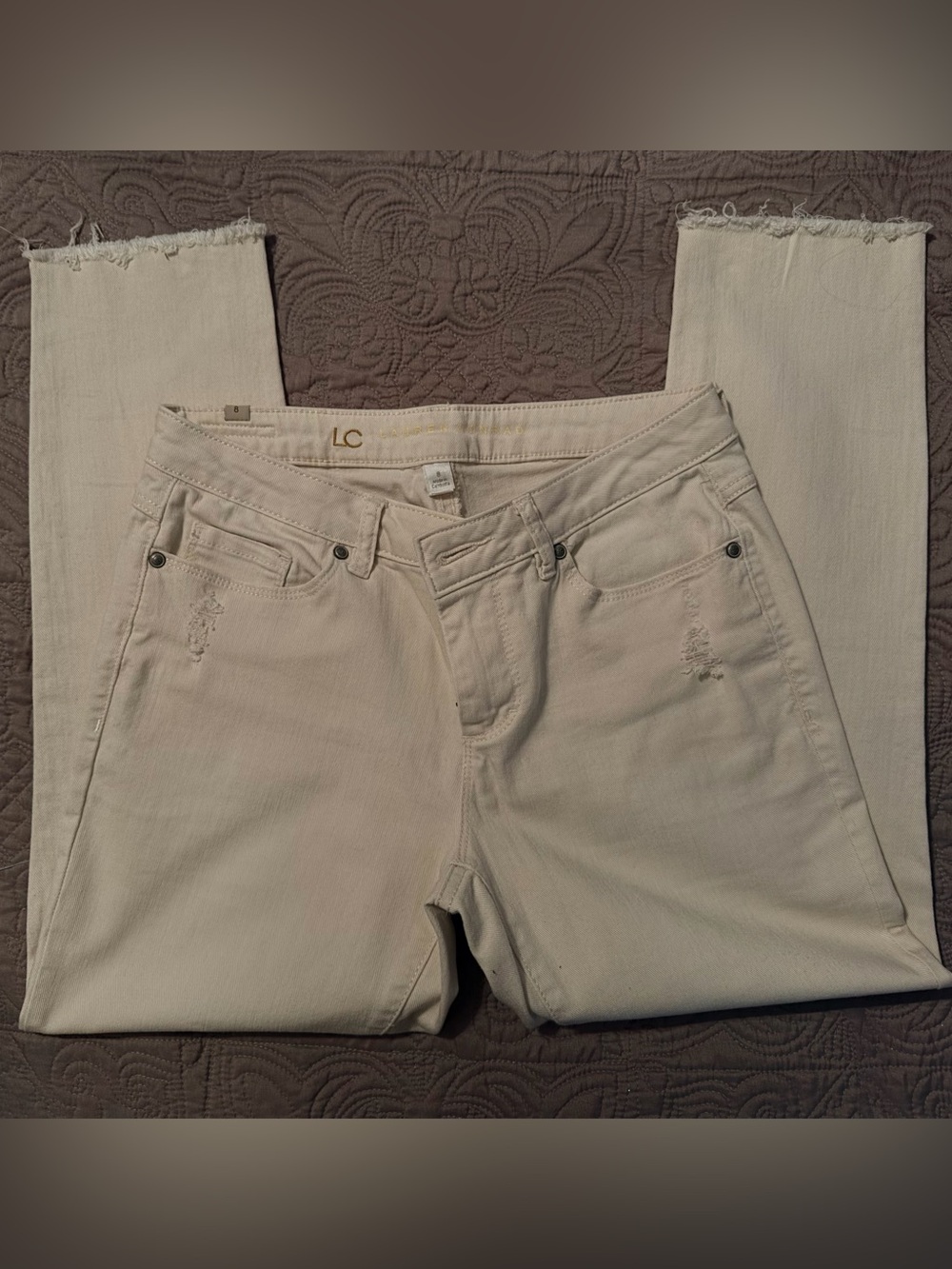 LC Lauren Conrad Off-White Cropped Frayed-Hem Jeans